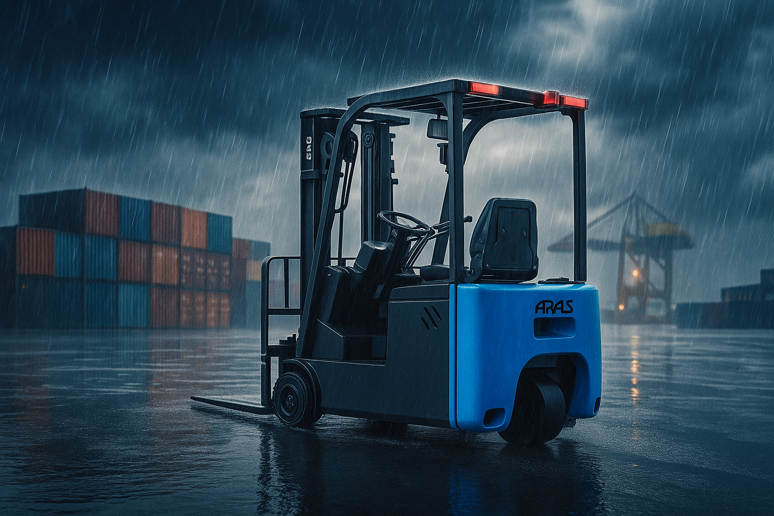 20251013_1054_Forklift in Rainstorm_remix_01k7e0bfwsf0xb8efe9m974rk4 (1) Compact vs. 3 Ton Forklifts: Choosing the Right Machine for Your Warehouse