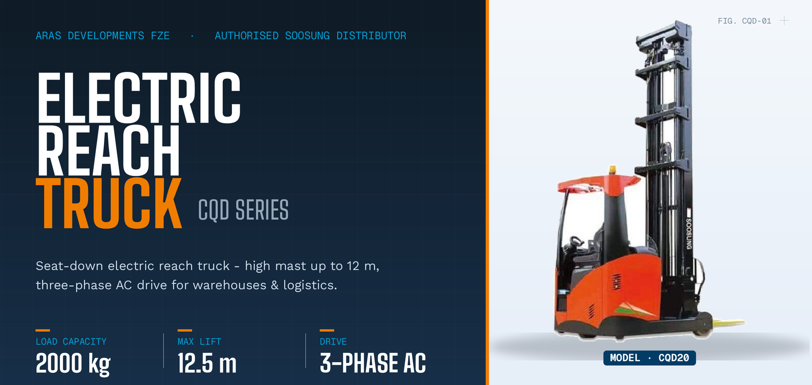 Soosung CQD Series electric reach truck, seat-down type with high mast and 2000 kg capacity, available in UAE from ARAS Developments FZE