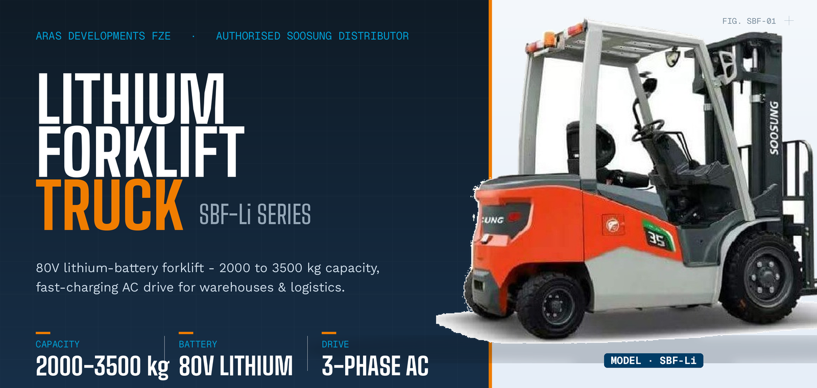 Soosung SBF-Li Series lithium battery powered forklift truck with 2000 to 3500 kg capacity, available in UAE from ARAS Developments FZE