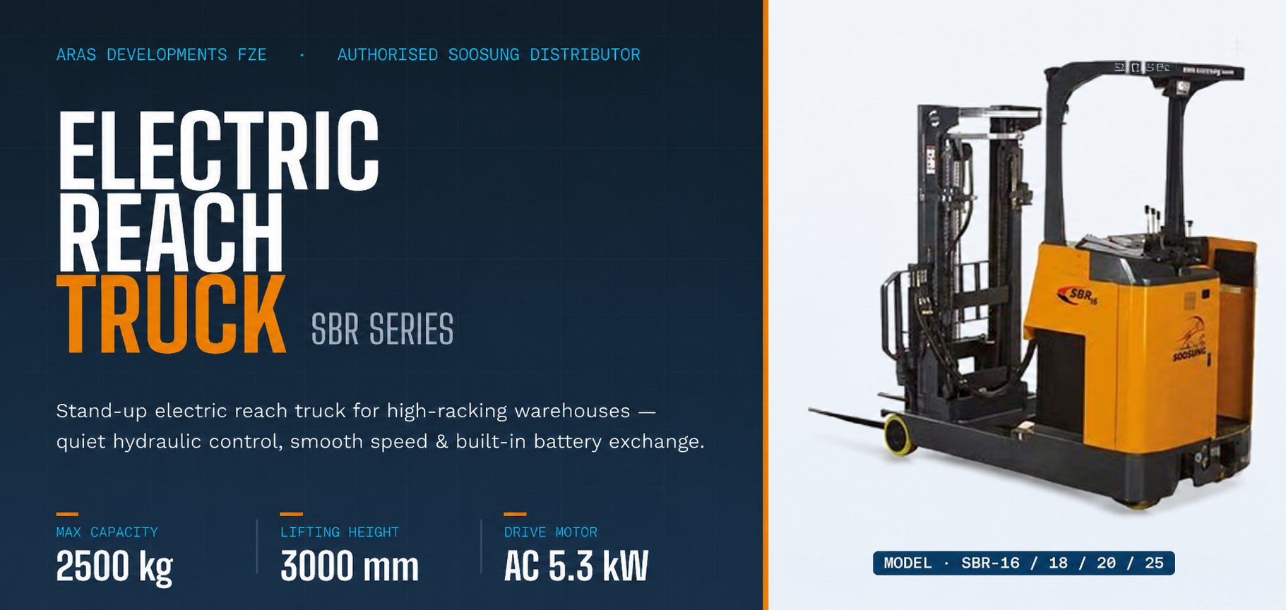 Soosung SBR Series Electric Reach Truck Stand Up Type with up to 2500 kg capacity and 3000 mm lifting height, available in the UAE from ARAS Developments FZE