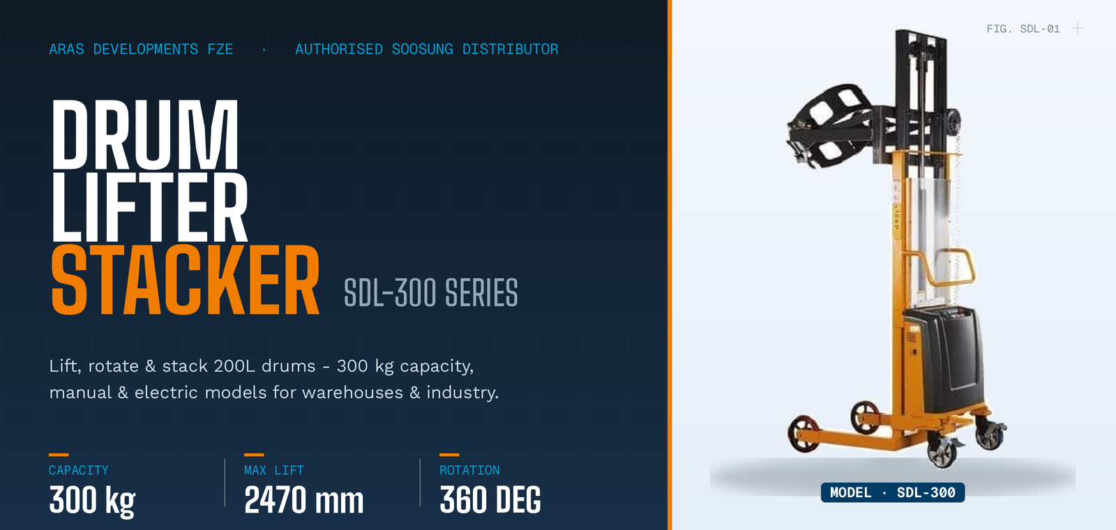 Soosung SDL-300 Series drum lifter and stacker with rotating drum clamp and 300 kg capacity, available in UAE from ARAS Developments FZE