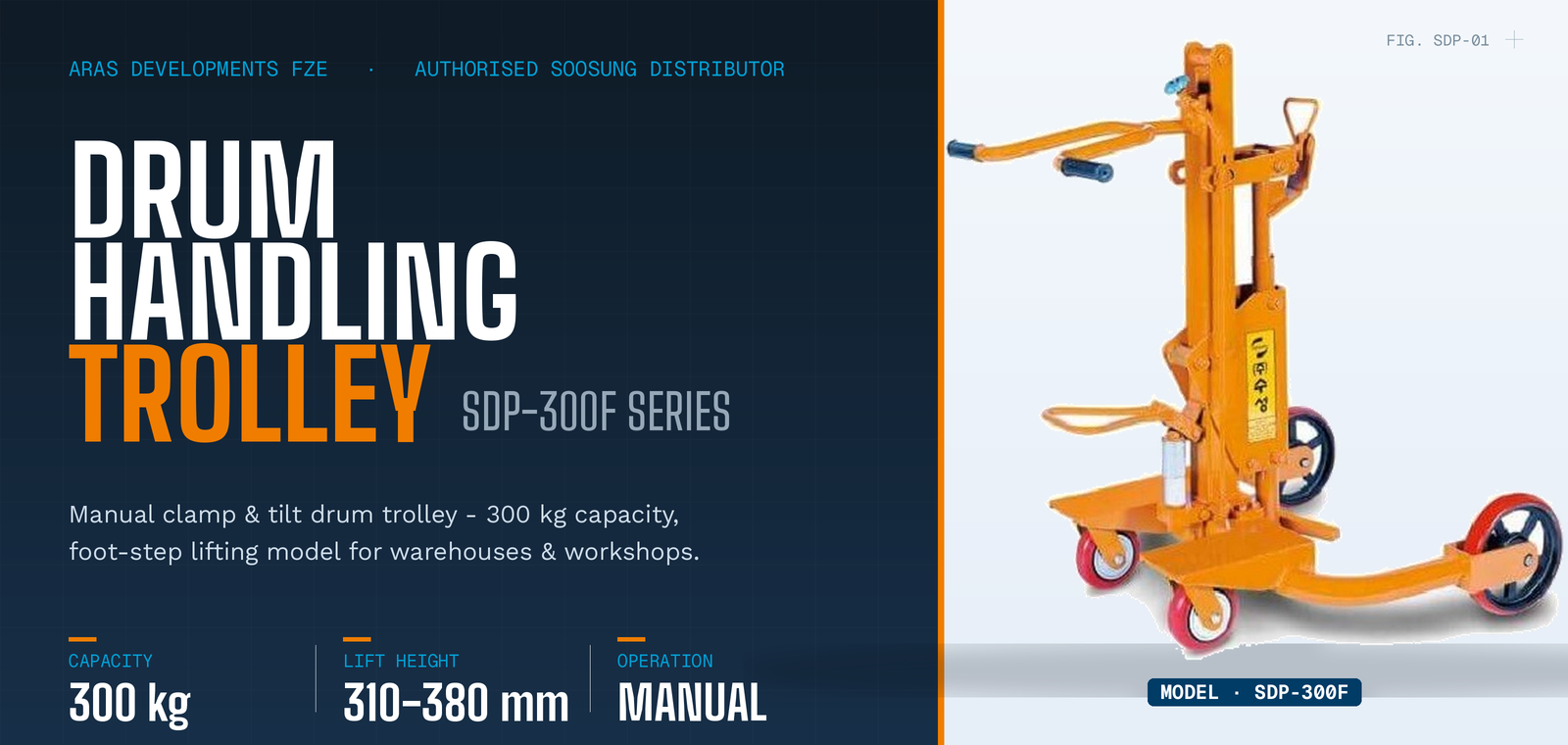 Soosung SDP-300F Series manual drum trolley transporter clamping a 200-litre drum, 300 kg capacity, available in UAE from ARAS Developments FZE