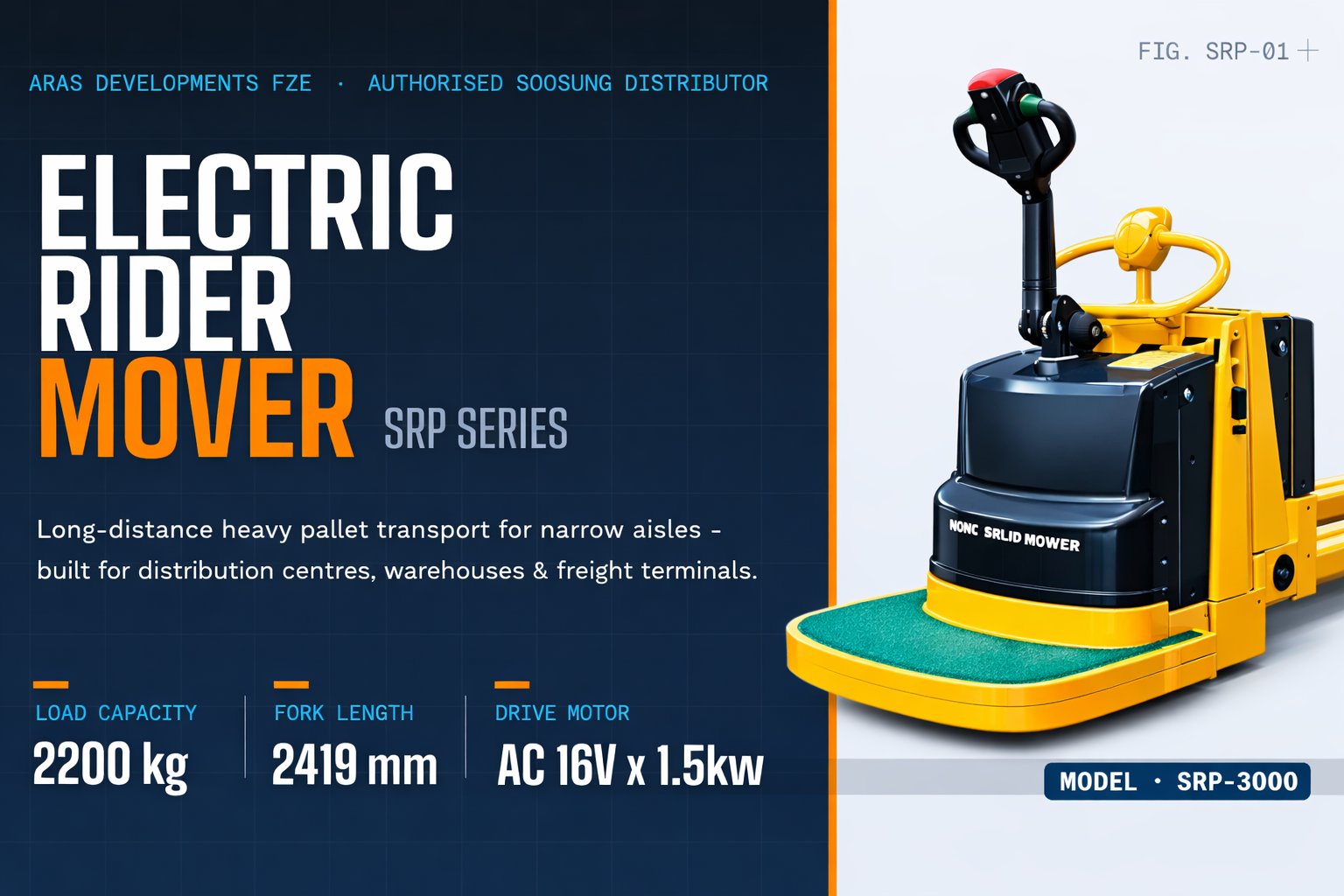Soosung SRP-3000 Electric Rider Pallet Mover with 2200 kg capacity, available in the UAE from ARAS Developments FZE