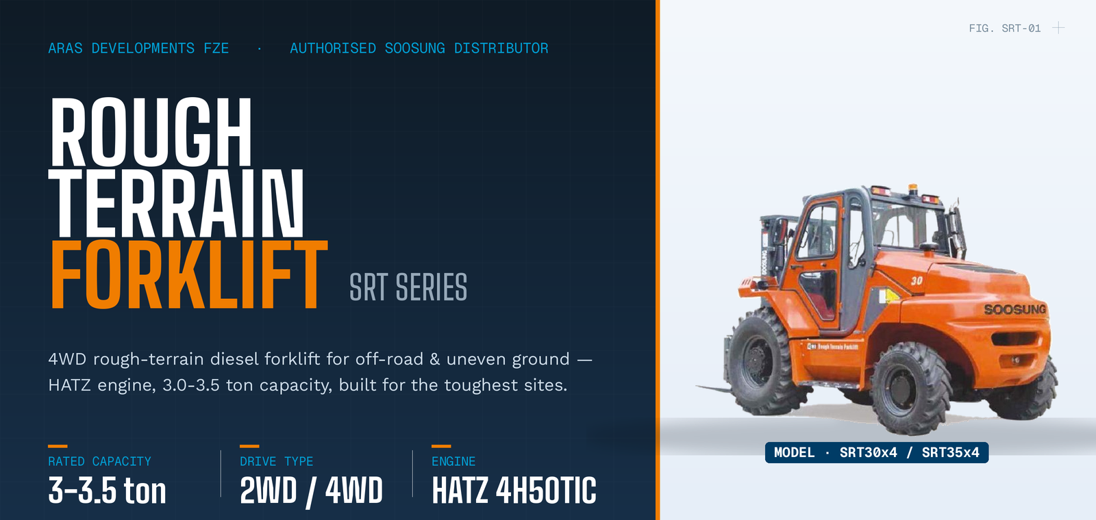 Soosung SRT Series 4WD Rough Terrain Forklift 3.0-3.5 ton with HATZ diesel engine, available in the UAE from ARAS Developments FZE