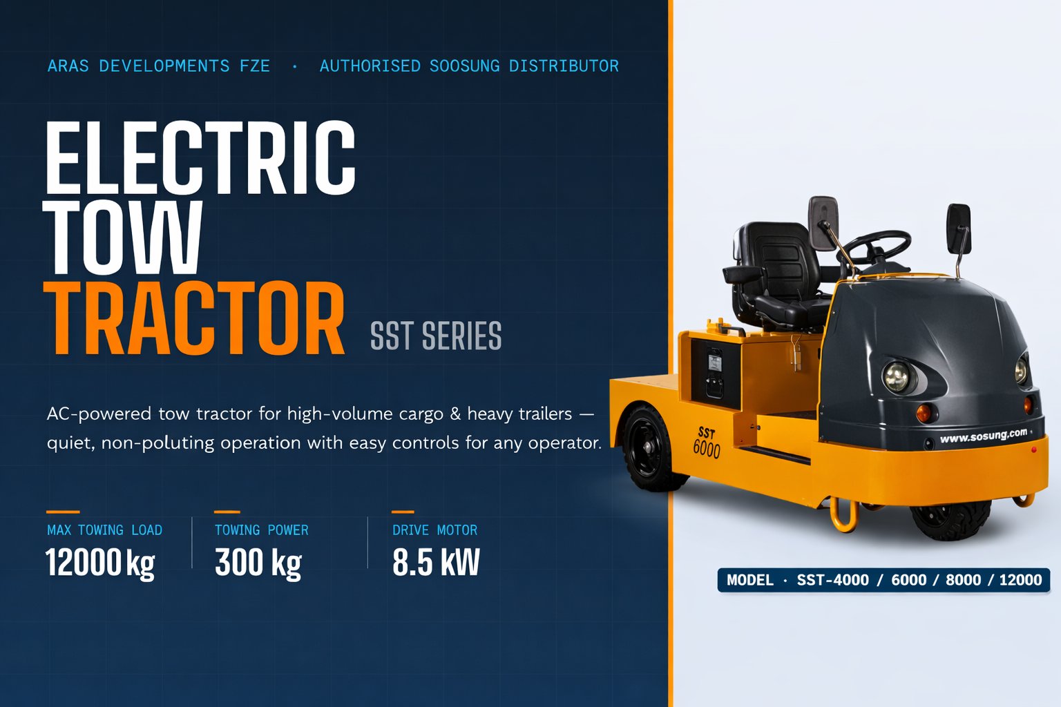 Soosung SST Series Electric Tow Tractor with up to 12000 kg towing load, available in the UAE from ARAS Developments FZE