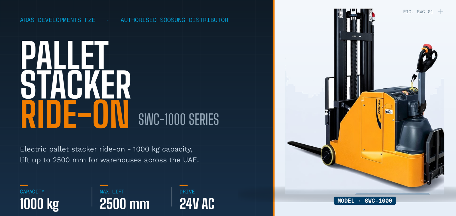 Soosung SWC-1000 Series electric pallet stacker ride on 1000 kg capacity lift height up to 2500 mm available in UAE from ARAS Developments FZE