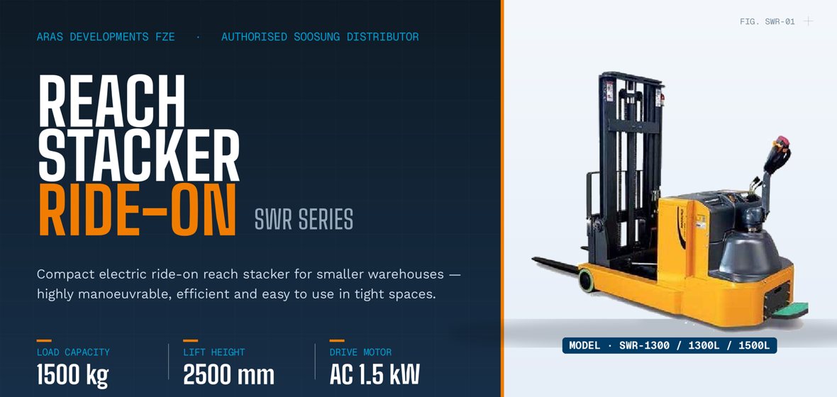 Soosung SWR Series Electric Reach Stacker - Ride on with up to 1500 kg capacity, available in the UAE from ARAS Developments FZE